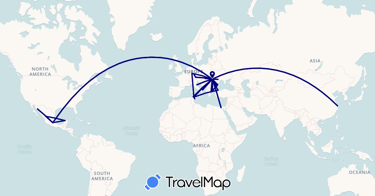 TravelMap itinerary: driving in Bulgaria, China, Germany, Egypt, Greece, Hungary, Italy, Moldova, Mexico, Romania, Tunisia, Turkey, Ukraine (Africa, Asia, Europe, North America)